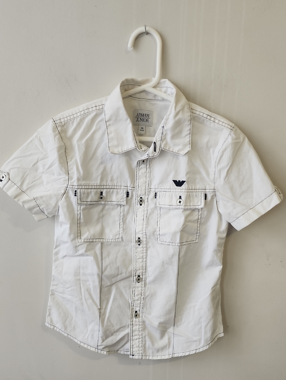 Armani Junior White Short Sleeve Button Down Shirt with Navy Logo. New Without T